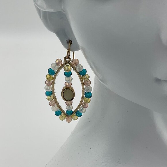 Marquise Shaped Gold tone Pastel Acrylic Beads Drop Earrings Fish Hook Backs - Picture 4 of 5